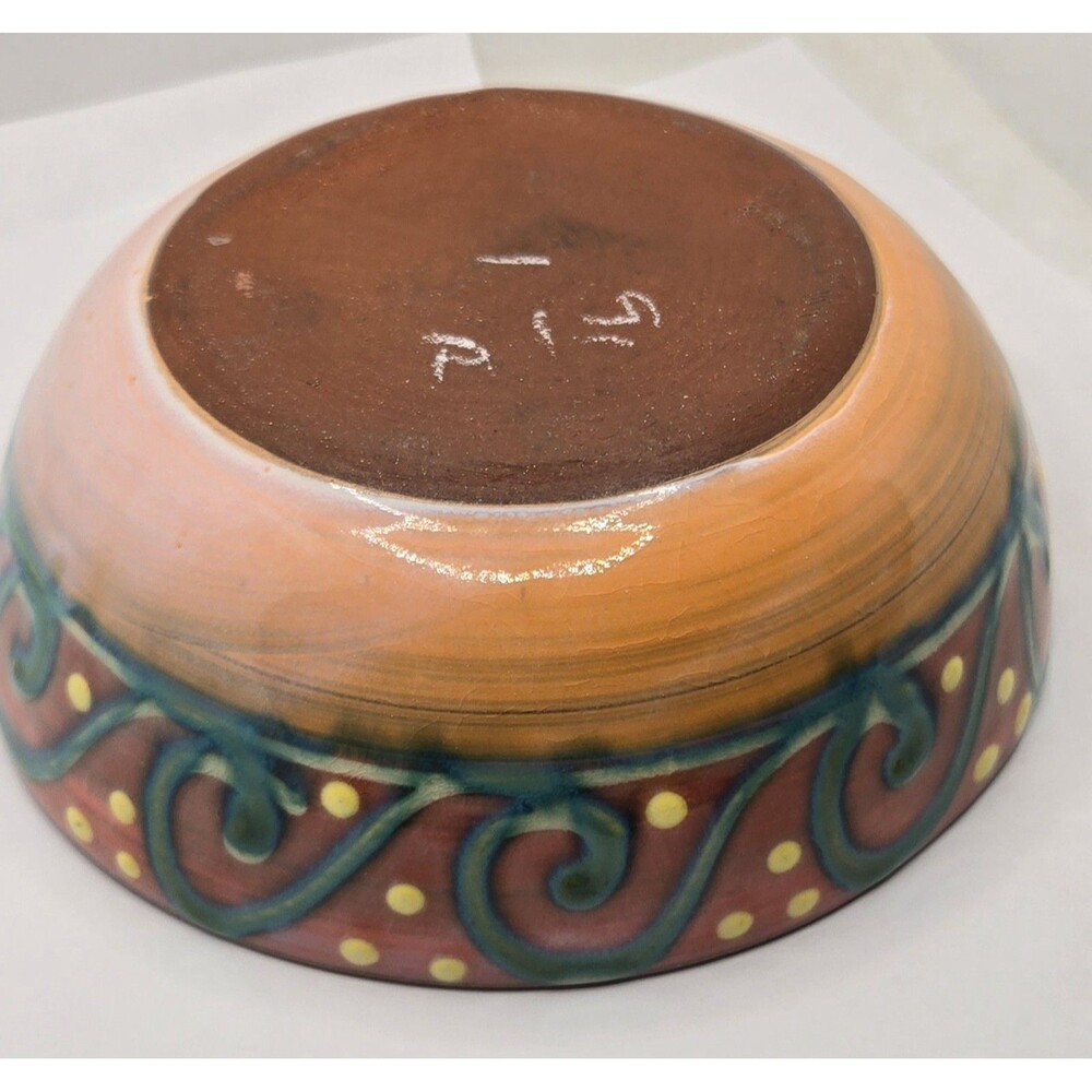 Earthworks Barbados Salad Bowl 6.5" Orange & Turquoise Stoneware Spiral Dot - Picture 3 of 13
